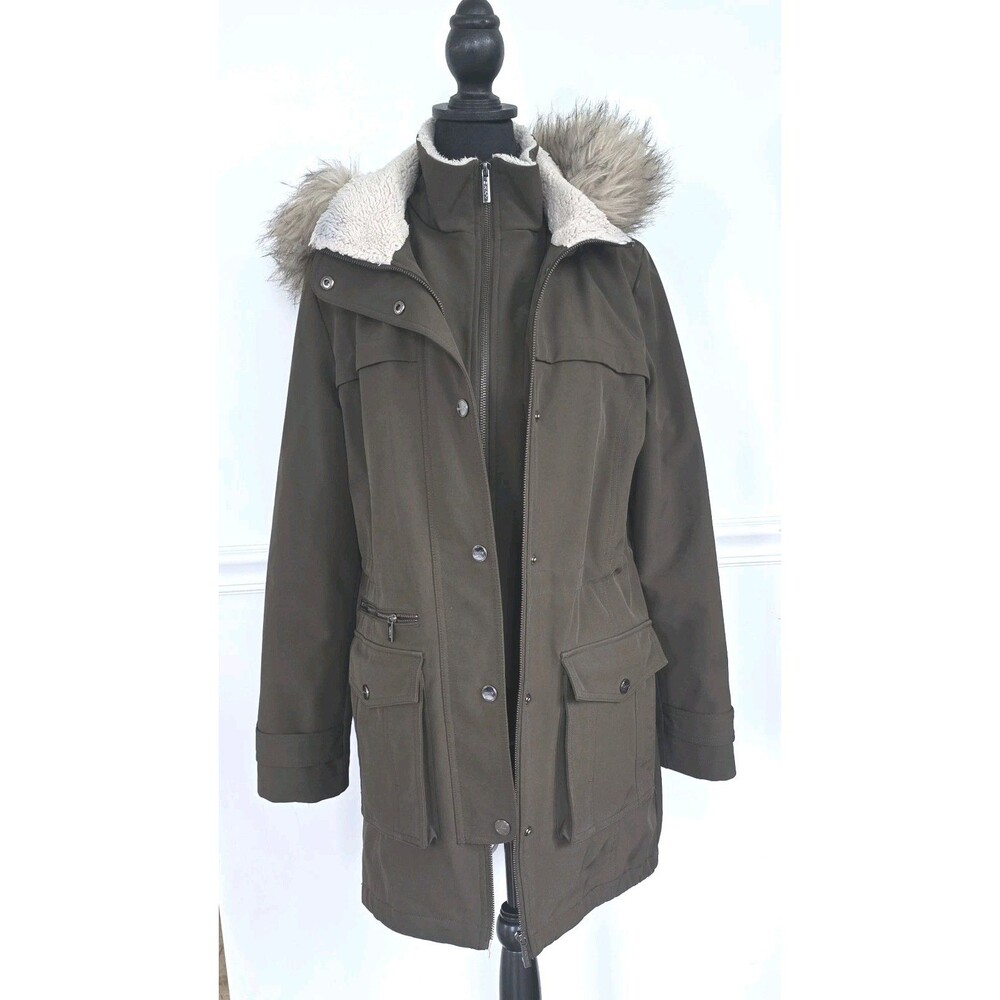 DKNY Olive Green Winter Parka Coat S Faux Fur Hood Sherpa Lined Utility Jacket